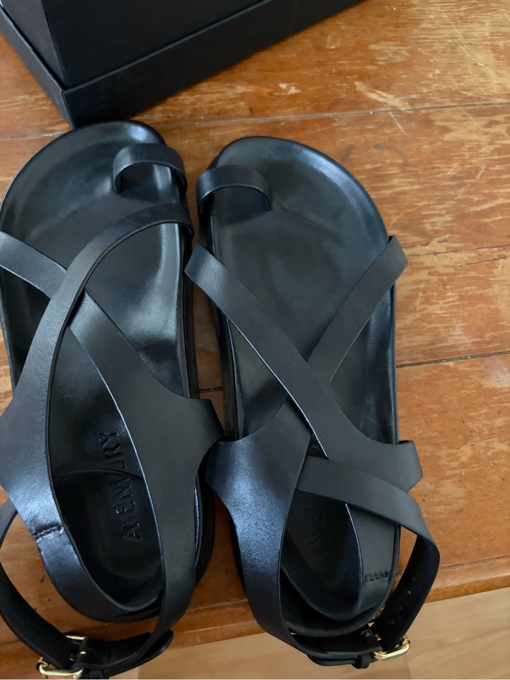 A Emery Black Leather Strappy Women's Sandals